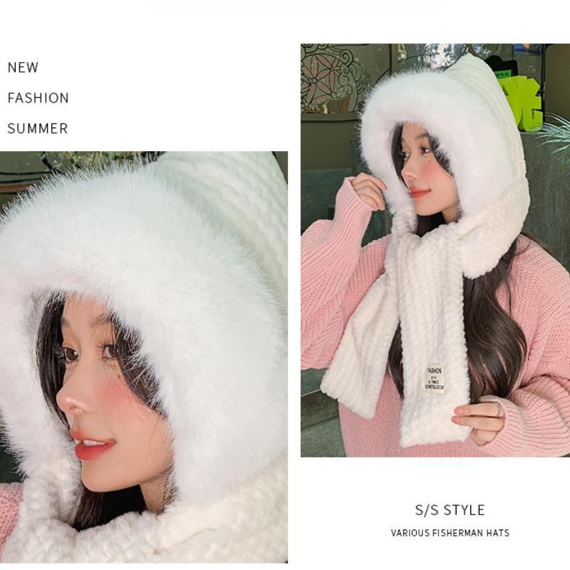 Autumn and Winter Plush Hat, Women's Large Head Circumference, Windproof Ear Protection Scarf, Integrated Hooded Thickened Warm Wool Hat