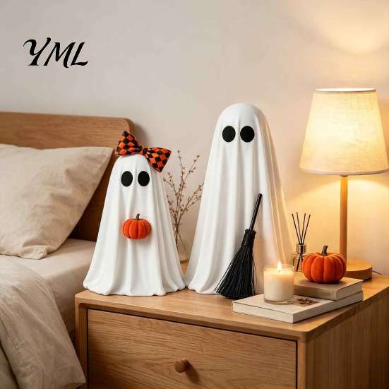 Halloween Ghost Decorations 2 Pcs Spooky Decoration, Cute Standing with Broom Tiered Tray Decor And Pumpkin for Indoor Party Home Table Kitchen