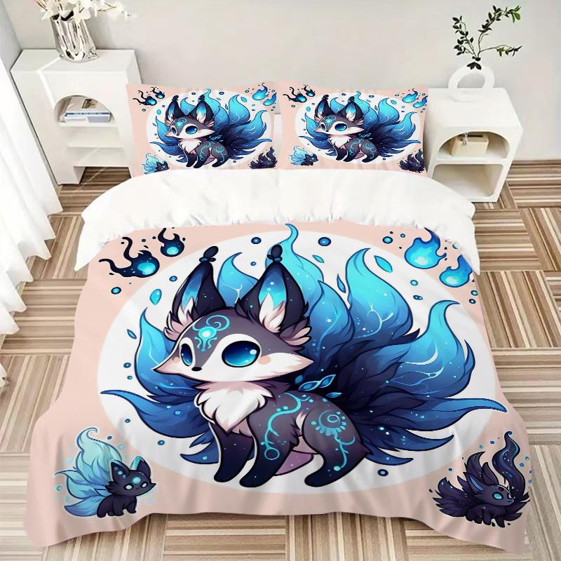 3pcs Cute Fox Material Quilt Cover Set - Soft & Comfortable Polyester Fabric, All-Season Breathable Comforter Set For 1 Quilt Cover & 2 Pillowcas