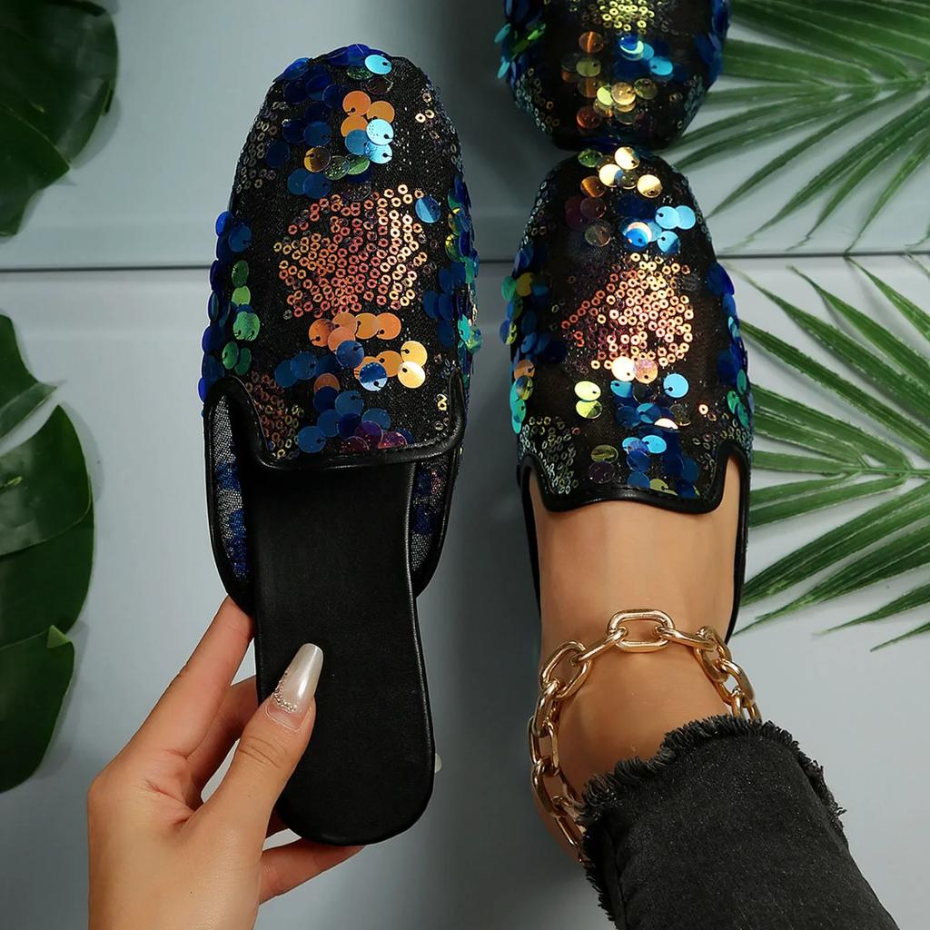 Fashion Women Casual Shoes Sequin Decoration Slipper Square Toe Flat Bottom Comfortable Platform Sandals Slides Outdoor Beach Slippers