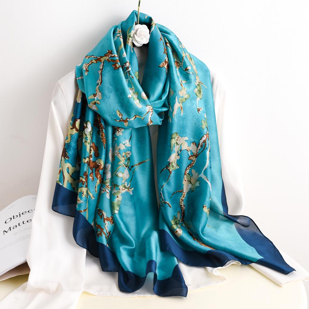 Large Silk Soft Scarf Women Stylish Print Long Shawl Handkerchief Summer Sun Protection Elegant Travel Wrap Handkerchief