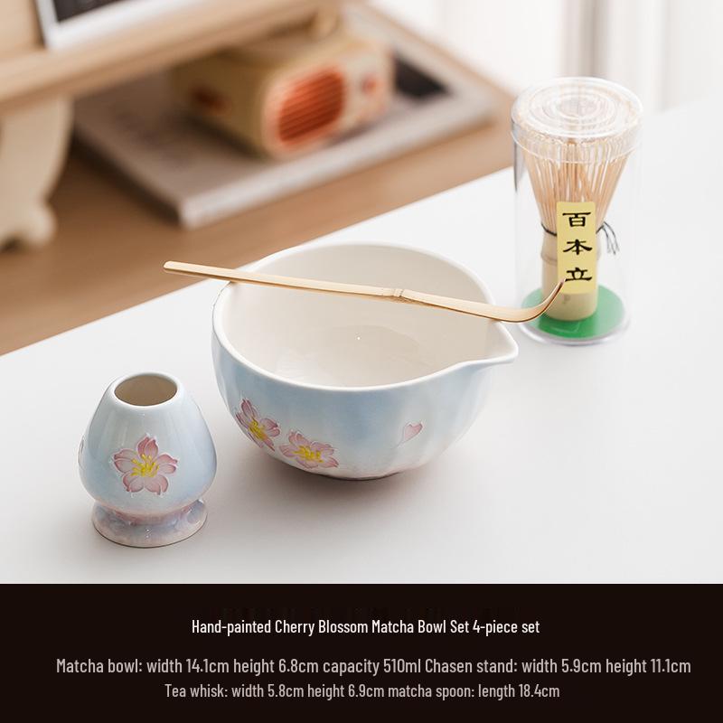 Handmade Japanese Cherry Blossom Matcha Bowl with Whisking Tool, Imitation Song Dynasty Tea Stirrer, and Hyakuhon-date Chasen Stand