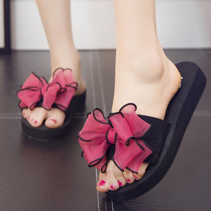 Летние новые стильные универсальные женские нескользящие повседневные пляжные тапочки с бантом и одним словом на плоской подошве, верхняя одежда на толстой подошве