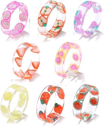 SquarezhenBo Sweet Acrylic Fruit Rings for Women Teen Girls Colorful Summer Knuckle Ring Set 8 Pcs 1.7cm Funny Jewelry Gift
