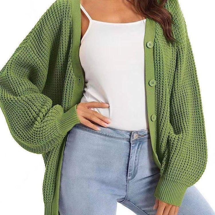 Women's V-Neck Lantern Sleeve Knitted Cardigan Sweater Coat - Single-Breasted Lazy Style