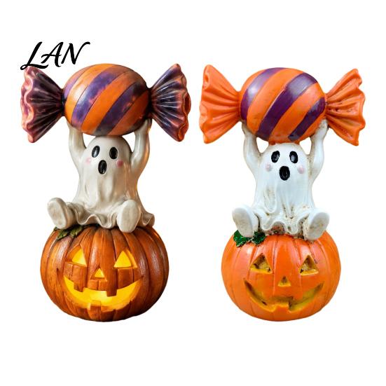 Whimsical Ghost Statue Halloween Figurine, Cute Sitting on Pumpkin Holding Candy Souvenir Gift Statue, Spooky Resin Table Ornament for Indoor