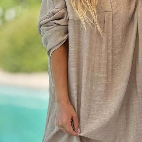 Lady Beach Shirt Dress with Cufflinks Thin Loose Side Slit Midi Dress