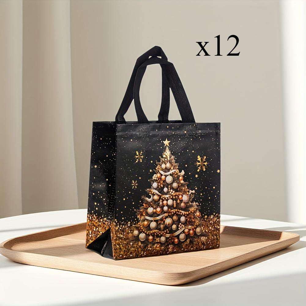 12/20 шт. Праздничные рождественские подарочные пакеты - Дизайн снеговика, елки и носка, Черно-золотые с ручками, Пакеты для рождественских подарков