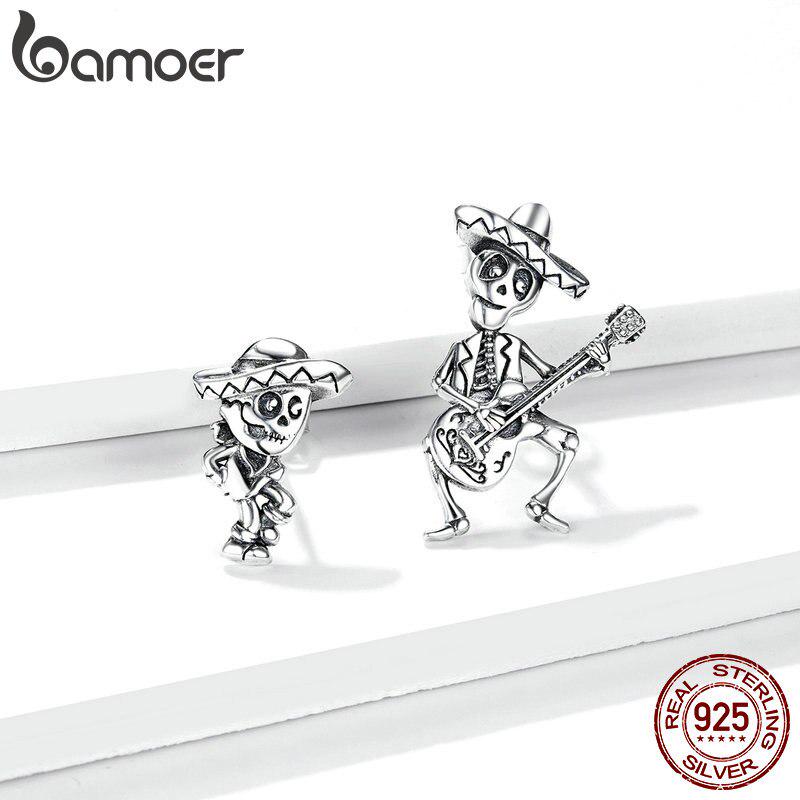 Серьги-гвоздики Bamoer из оксидированного серебра для женщин, мужские украшения с черепом и гитарой, подарок для девочки, ювелирные изделия из стерлингового серебра 925 пробы