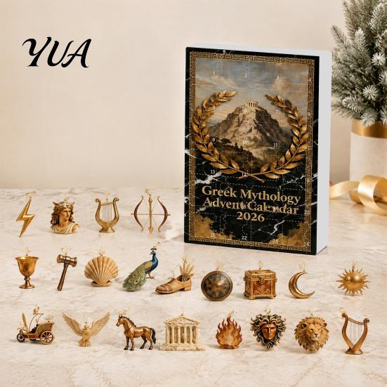 Christmas Decorative Collectibles Greek Myth Advent Calendar, 24Pcs Acrylic 2D Ornament Set with Vintage Creative Seasonal Countdown Gold Tone,