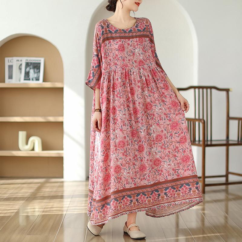 Новое хлопковое атласное платье с коротким рукавом больших размеров в винтажном стиле с цветочным принтом для женщин, повседневное свободное длинное летнее платье
