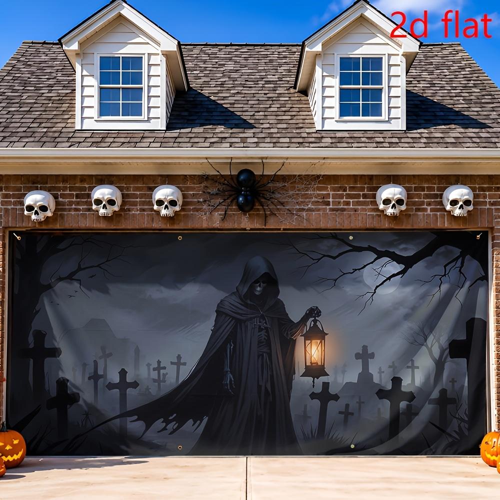 1pc 2D Flat ,Halloween Banner Lights Spooky Graveyard Skeleton Zombie Backdrop Outdoor Holiday Decor , 157*71in
