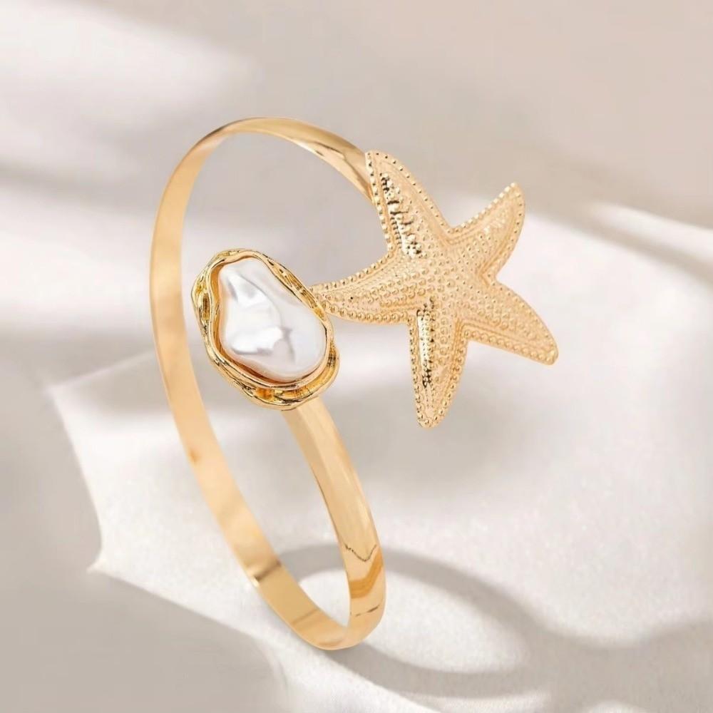 Pearl Starfish Open Armband Bangle Adjustable Armlet Bangle for Women Girls