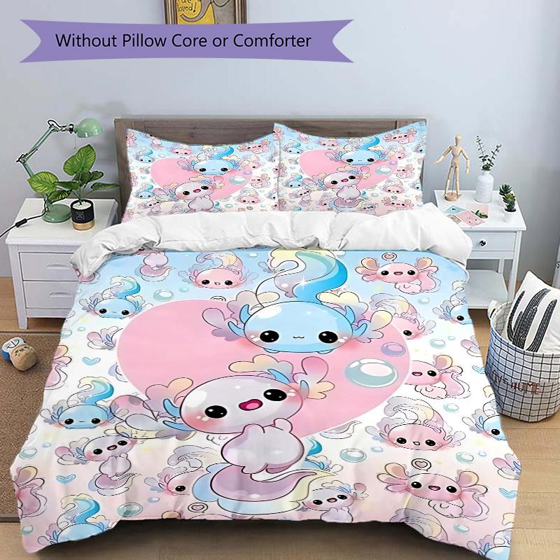3pcs Axolotl Love Heart Bedding Set, Includes One Quilt Cover and Two Pillowcases (No Core), Cute Axolotl Design for Bedroom Decor