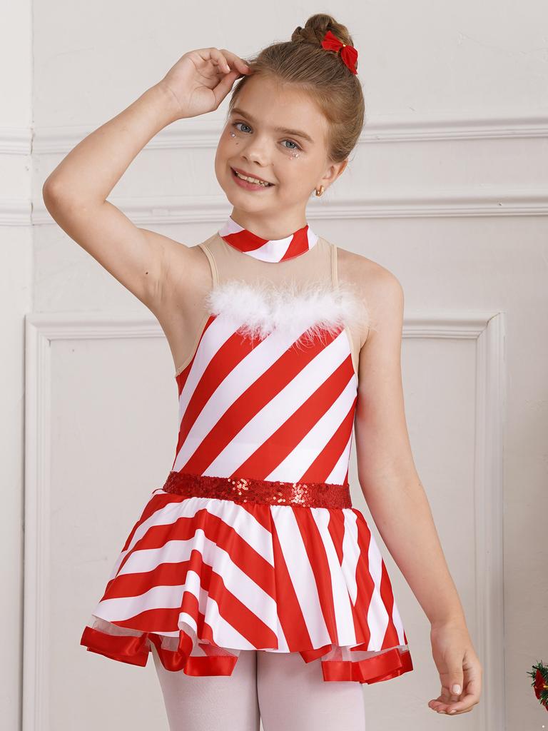 Дети Девочки Рождественский костюм миссис Санта Эльф конфетная трость сетка пэчворк полосатый купальник пачка платье принцесса балетные танцевальные наряды