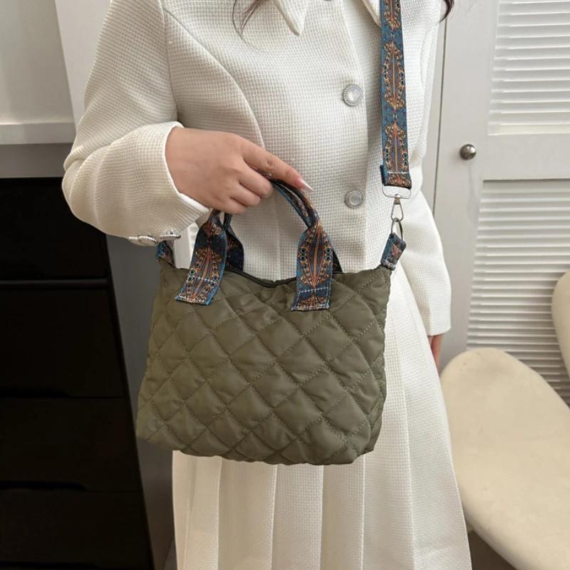 Женская широкая сумка через плечо с ремнем на осень/зиму, ромбовидная космическая хлопковая сумка на плечо, большая вместимость, универсальная сумка для покупок