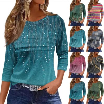 Женская мода повседневный свободный топ с рукавом 3/4 и круглым вырезом