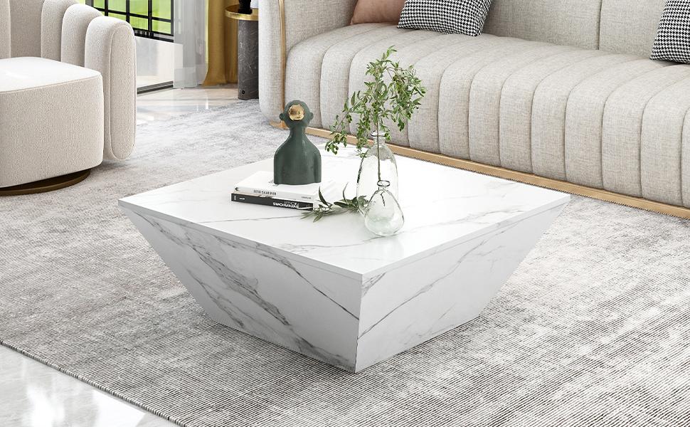Modern Drum Coffee Table, Trapezoid White Marble Veneer Coffee Table, Living Room Table 70*70*37cm