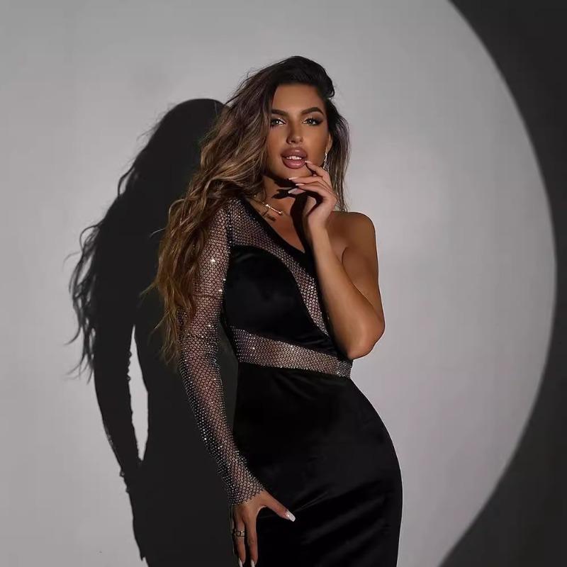 Женское модное платье Spice Girl с косым вырезом на одно плечо и узким сексуальным сетчатым узором