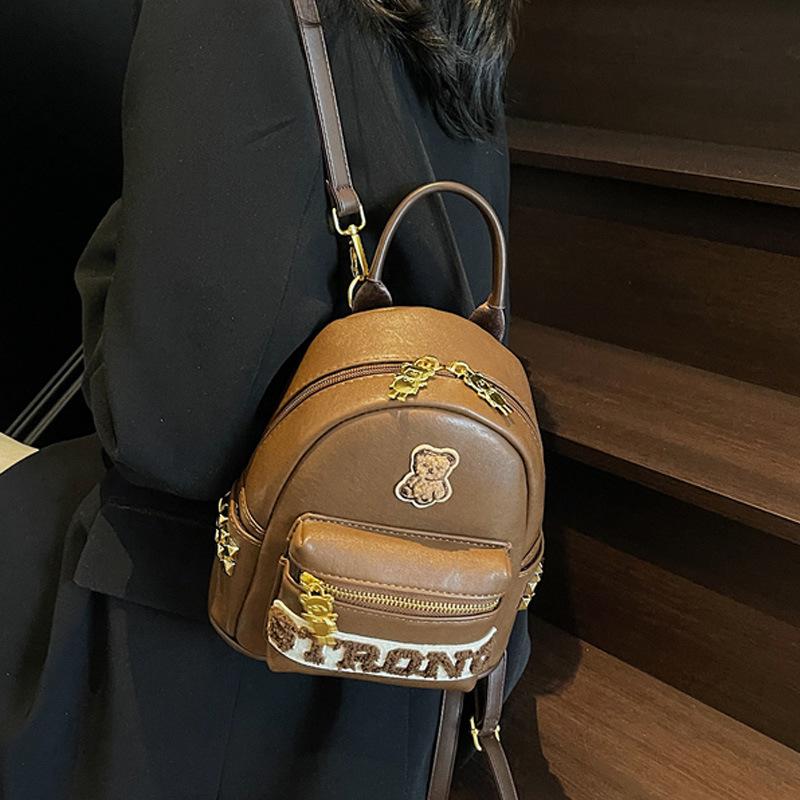 Super Cute Little Bear Badge Backpack, Mini Cute Girl Rivet Backpack, High Appearance Fashionable Small Backpack