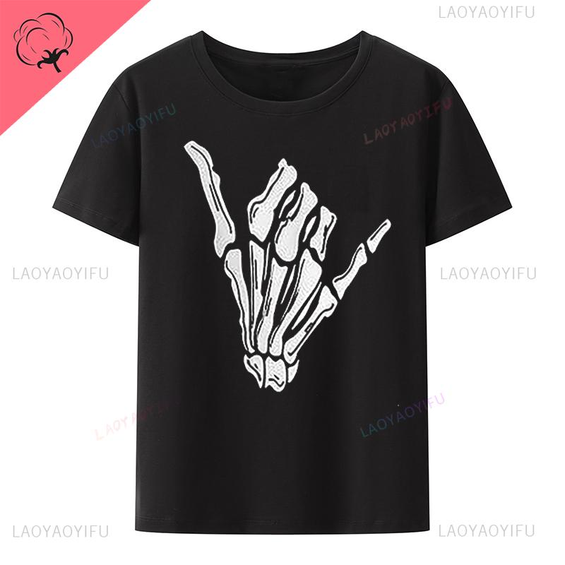 Halloween Finger Skeleton Printed Tshirt Gothic Street Fashion Oneck Cotton Short Sleeve Tee Loose Breathable Hipster Tops