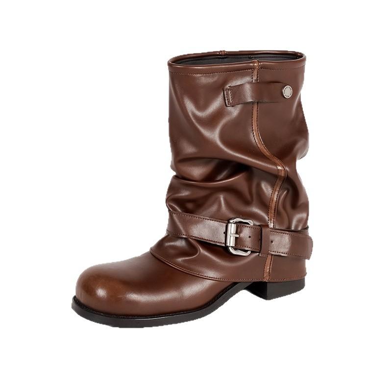 Autumn Western Cowboy Boots Women'S Pleated Pile Martin Boots Brown Vintage Fashion Thick Heel Pants Boots