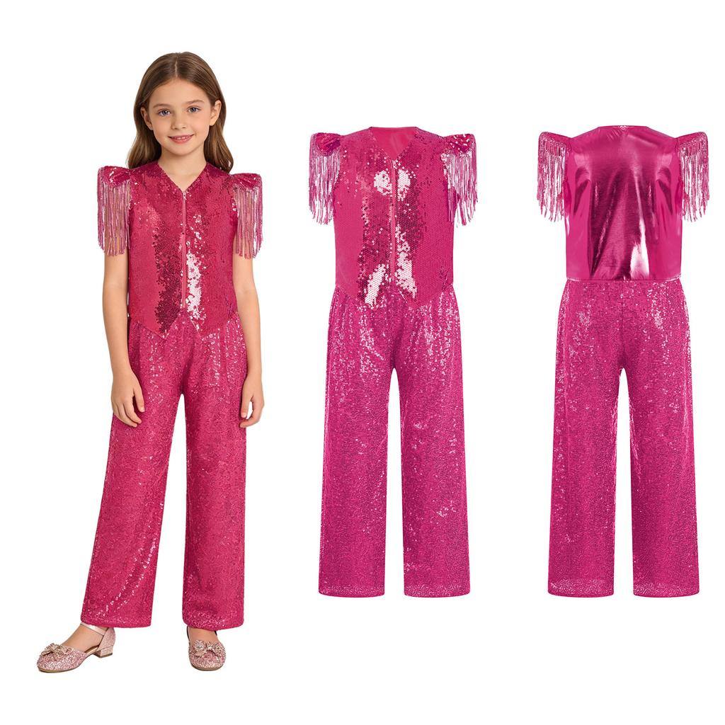 Kids Jazz Dance Costume Set Sequin Embellished Cap Sleeve V Neck Asymmetrical Hem Zip Vest with Elastic Waist Pants for Stage Competition
