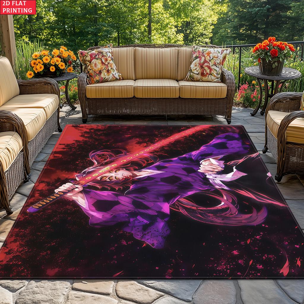 Anime Swordsman Area Rug, Purple Red Flame Theme Floor Mat, Decorative Carpet for Gaming Room Bedroom, Washable Home Decor Gift