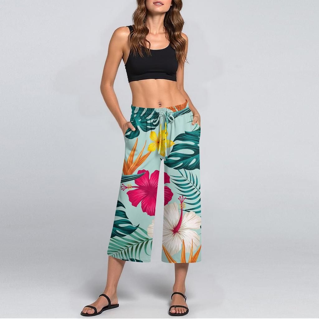 Женские летние повседневные спортивные брюки с высокой талией и принтом, укороченные брюки свободного покроя