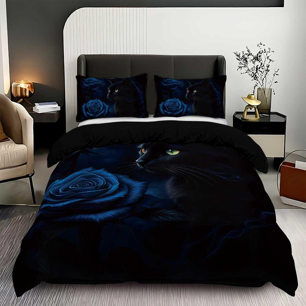 Комплект постельного белья с принтом черного кота и голубой розы, 3 предмета, 1*пододеяльник+2*наволочки, подходит для кровати размера кинг для всех сезонов