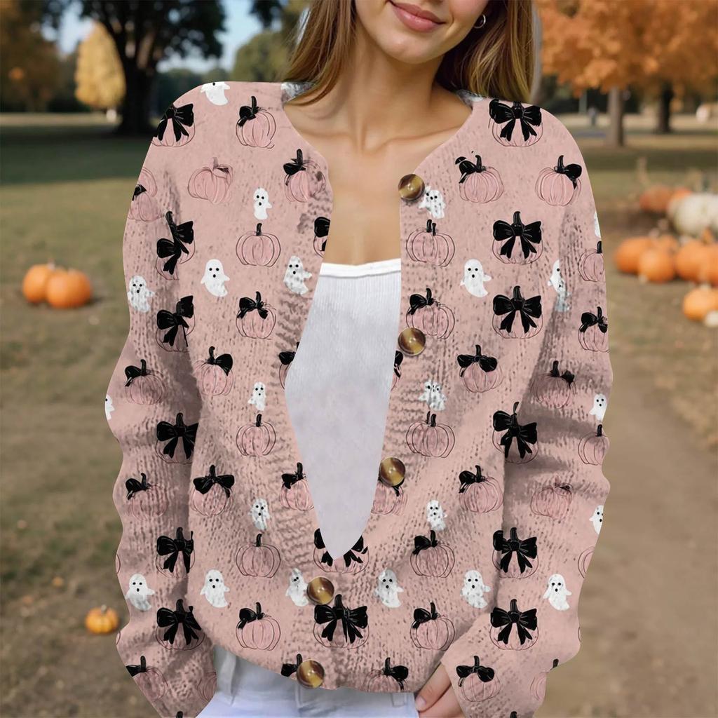 Women's Fashion Printed Long Sleeve Knitted Cardigan Button Down Jacket