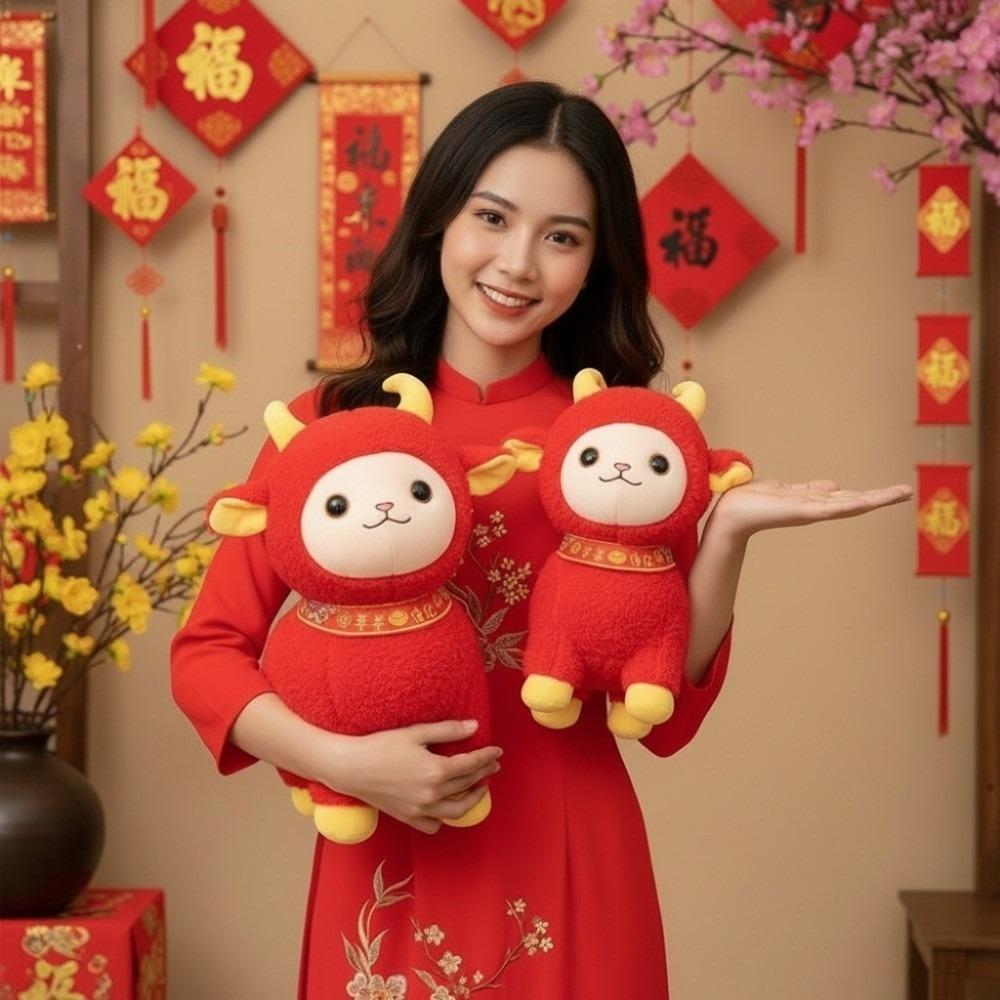 Soft 2027 Ram Mascot Red New Year Gift Fortune Mascot Cushion Zodiac Sheep Doll Party Giveaway