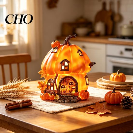 Autumn Gift for Friends Light Up Resin Pumpkin House Figurine, Halloween Cottage Night Light, Fall Table Centerpiece Harvest Tabletop Decor Lamp Home