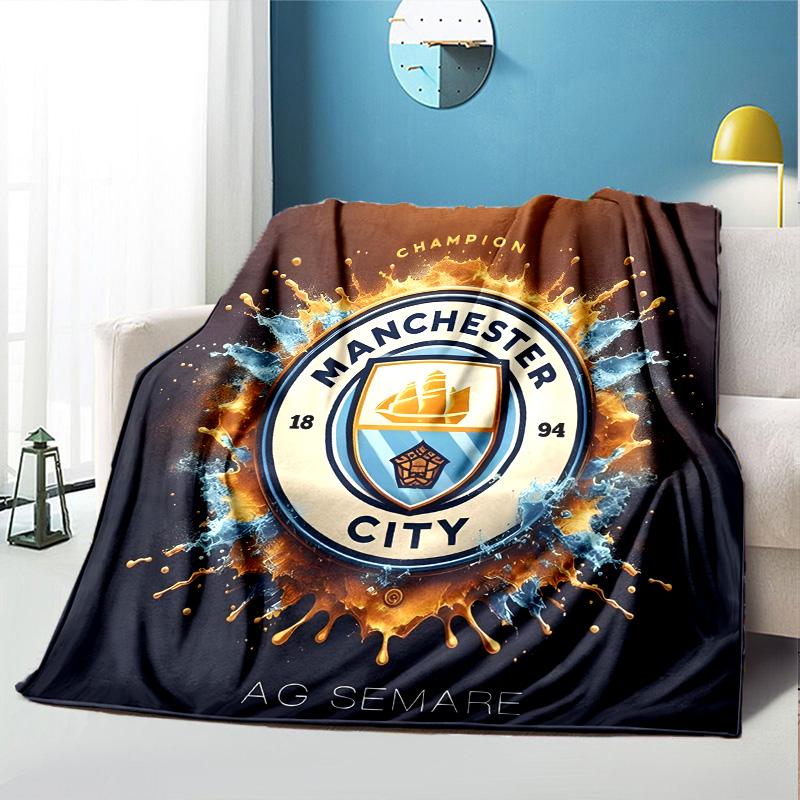 Manchester City FC Pattern Blanket for Home Decoration, Bed, Sofa, Car Travel, Camping, Suitable for All Seasons, Birthday Christmas Gift