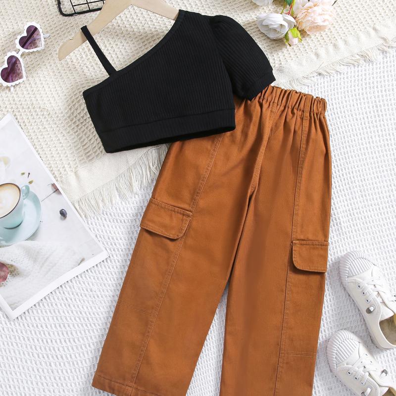 Комплект одежды для девочек: Летний детский однотонный пуловер с короткими рукавами и открытыми плечами, комплект из двух предметов с цветными джинсовыми брюками