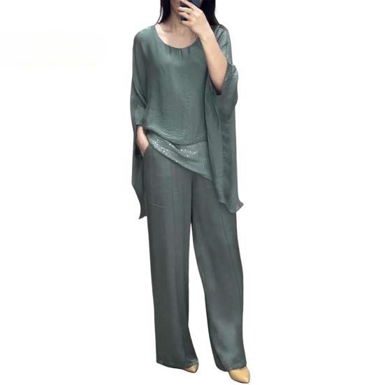 Women 2-Piece Top & Pant Set Crew Neck Shirt Wide Leg Pants Outfit Tracksuit
