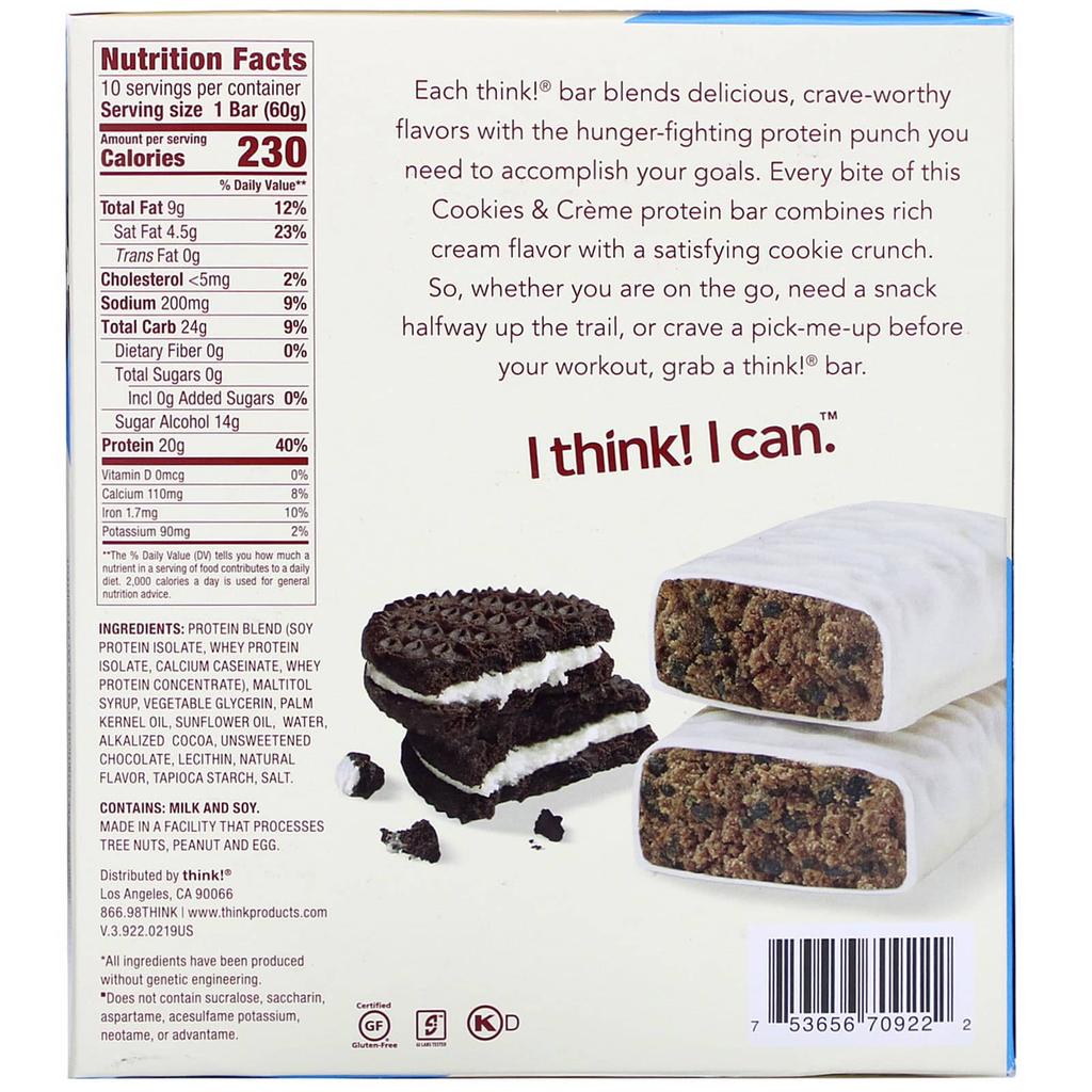 Think!, High Protein Bar, Cookies & Cream, 10 Bars, 60 G (2.1 Oz) Each