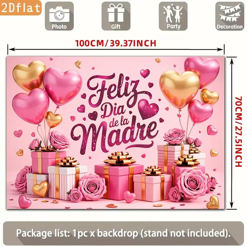 2D Pink Gold Mother's Day Photography Backdrop, Hearts & Rose Background