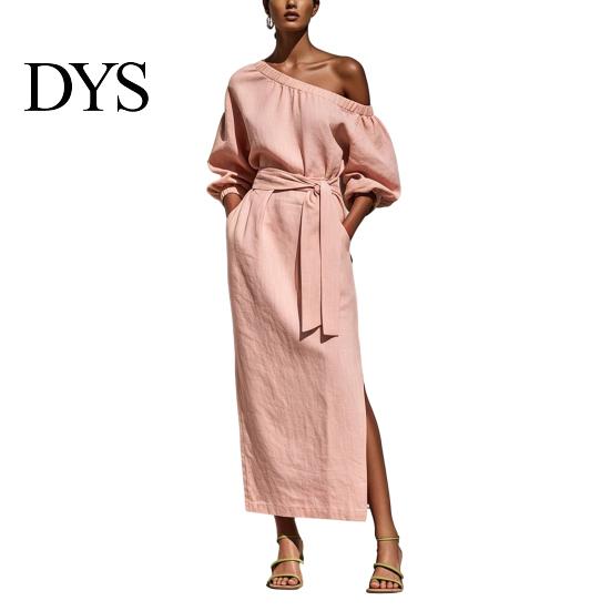 Daily Wear Dress Women One Shoulder Long Dress, Solid Color Tie Waist Side Split Everyday Dresses Casual Party Sleeve Maxi for Summer Office