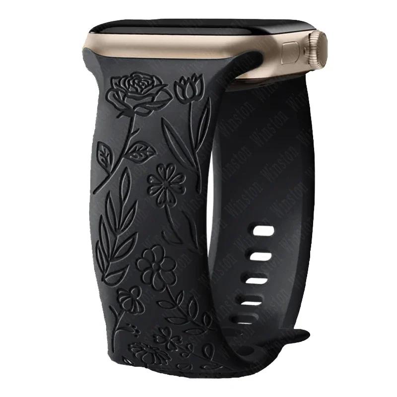 Ремешок с гравировкой и цветочным узором для Apple Watch Band Ultra 2 49/ 46/ 45/ 44/ 40/ 42 мм, браслет IWatch Series 10 9 8 7 6 SE 5 4