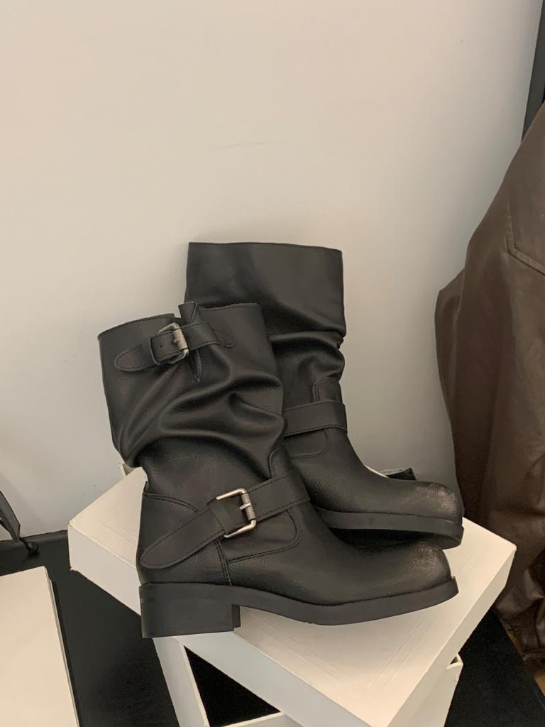 2025 осень и зима круглый носок ботинки Мартин женские Spice Girls средняя голень пряжка ремня ретро Майяр ковбойские ботинки короткие ботинки женские