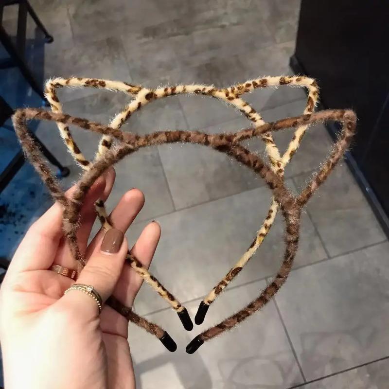 Leopard Print Plush Cat's Ears Shaped Cartoon Hair Band Versatile Hair Clip Girl Head Band Creative Gifts