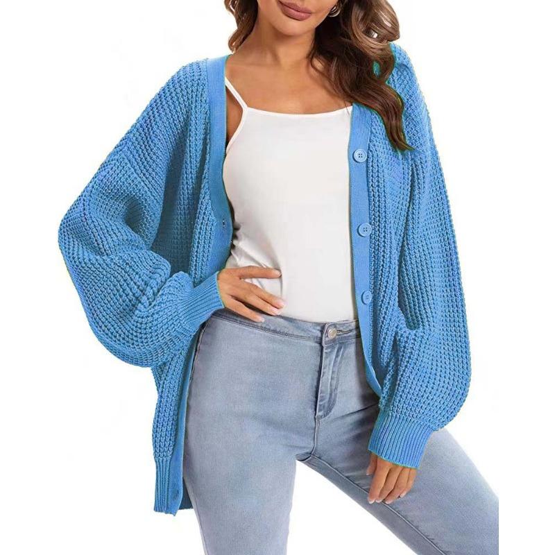 Lantern Sleeve Knitted Plus Size Cardigan Sweater Coat Women V-Neck Single Breasted Lazy Style Cardigan