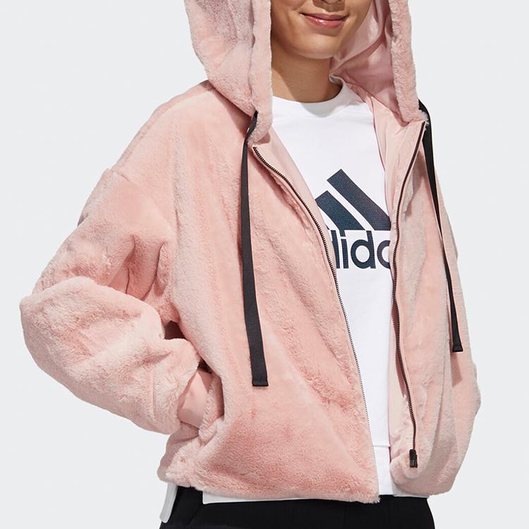 Adidas Originals Fashion Plush Fur Lined Hooded Casual Daily Outerwear Jacket Women Soft Pink GM1469