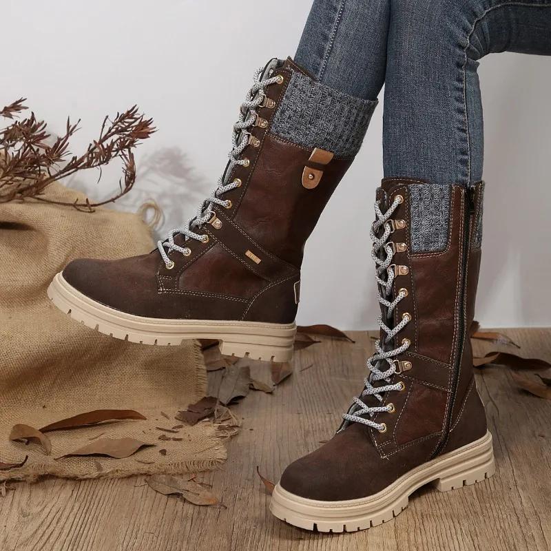 New Mid Calf Modern Boots for Women Winter Round Toe Knitted Leather Pacthwork Gothic Shoes Lace Up Side Zip Non-Slip Boot Botas