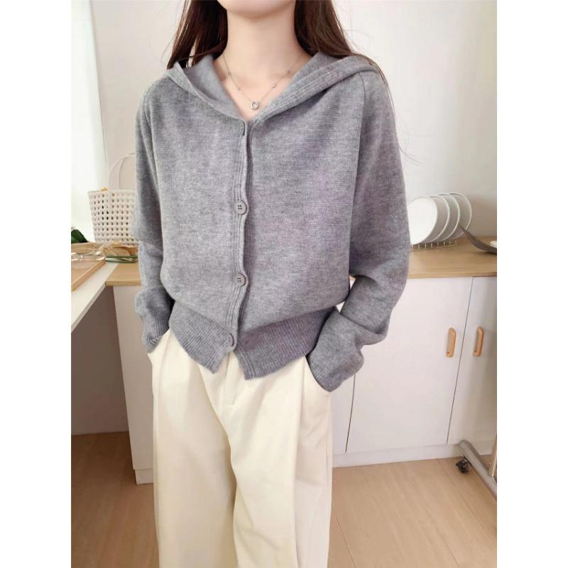 Вязаный кардиган с капюшоном, маленький, новый, осенне-зимний, однотонный, простой, модный, повседневный, универсальный, свитер-жакет, топ женский