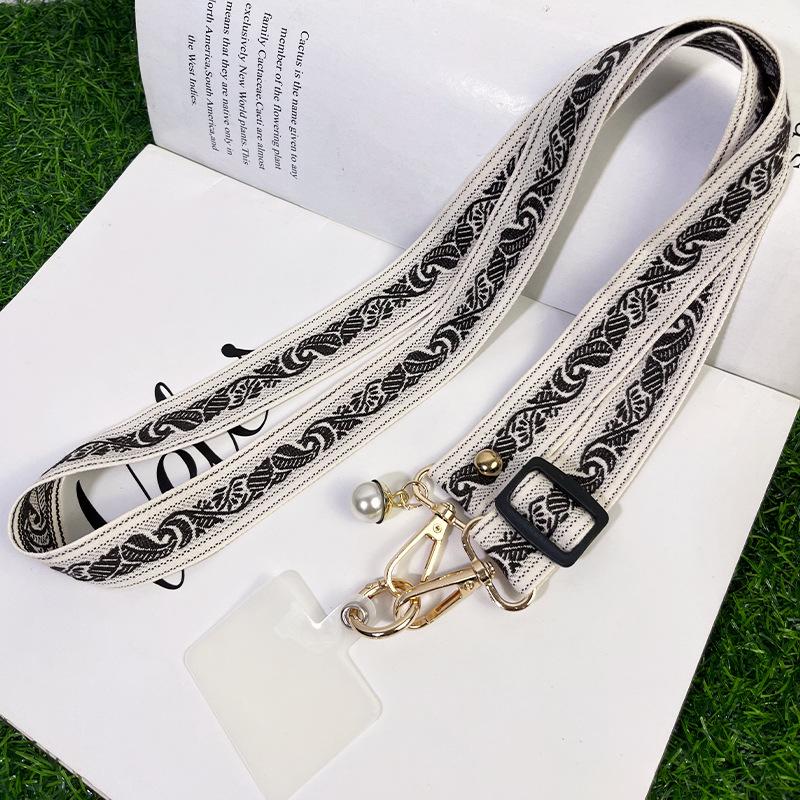 Mobile phone lanyard long crossbody back shoulder strap lanyard tree leaf pattern pearl pendant adjustment neck wide cloth women's model