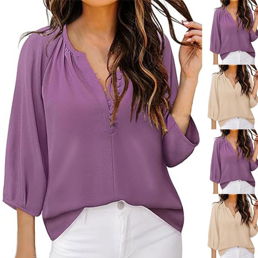 Women's Loose Casual Solid Color V-neck Seven Quarter Sleeved Button Up Shirt Button Up Shirt
