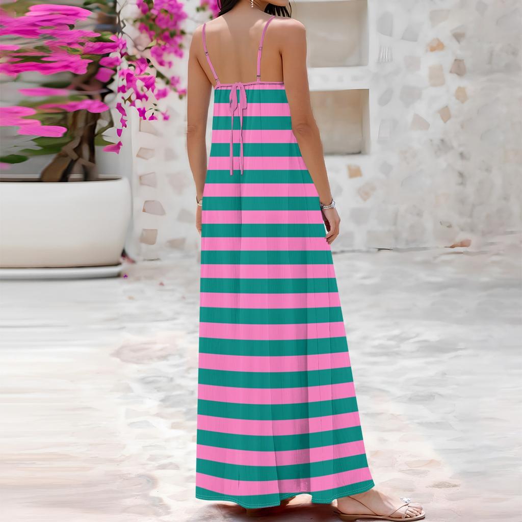 Women's Spring And Summer Casual Fashion Adjustable Suspenders Printed Long Dress