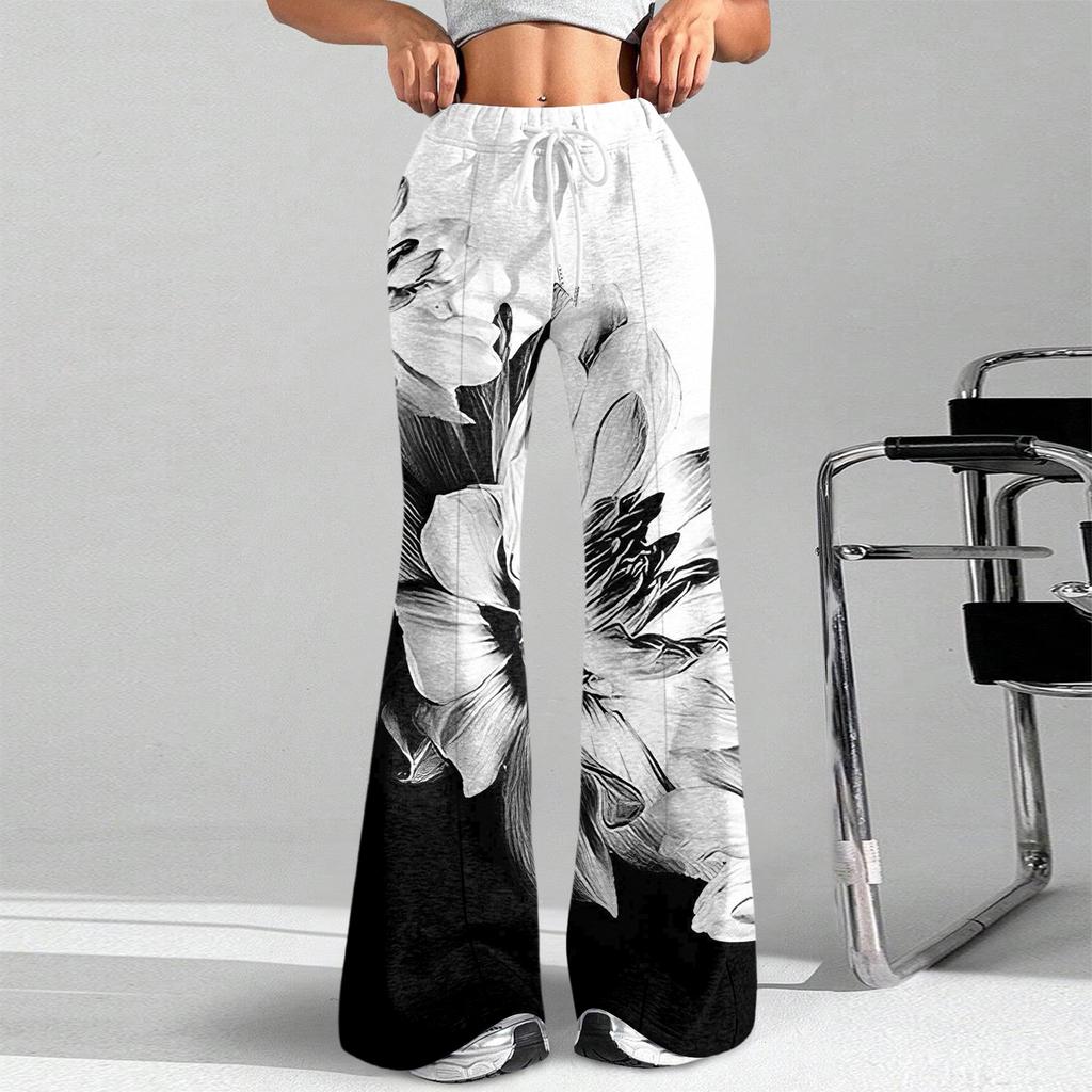 Women's Fashion Loose Drawstring Waist Floral Print Casual Sports Pants Casual Flared Pants